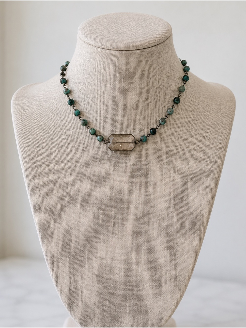 Green Beaded Necklace with Geometric Pendant